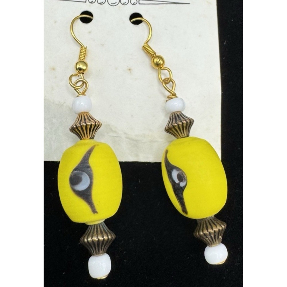 Yellow Glass Bead Dangle Earrings Boho Retro Handmade Vintage